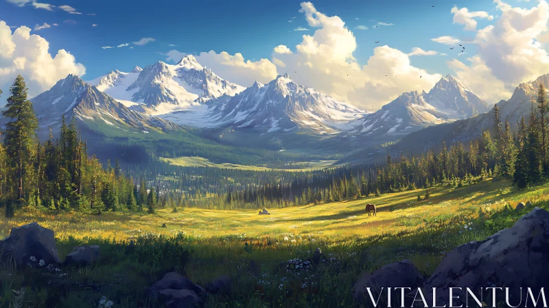 Sunlit alpine valley beneath towering snowy peaks panorama.