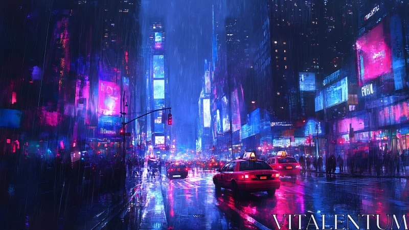Neon soaked city street with taxis in heavy night rain.