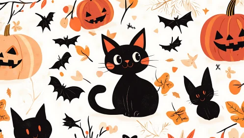 Festive Halloween Scene With Smiling Black Cats and Pumpkins
