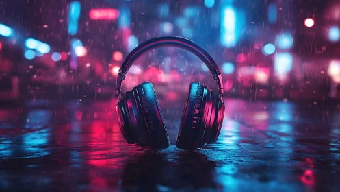 Headphones on wet city street under neon rain at night.