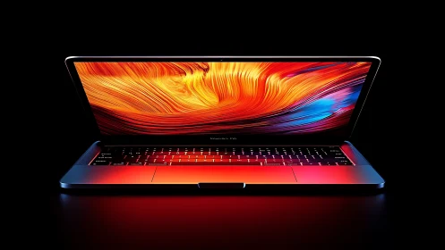 Laptop with vivid abstract display under dramatic lighting.