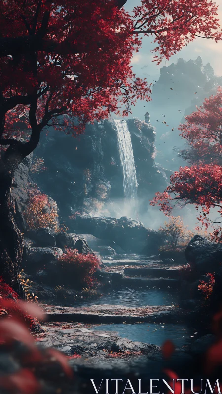 Digital landscape render shows waterfall amid red foliage