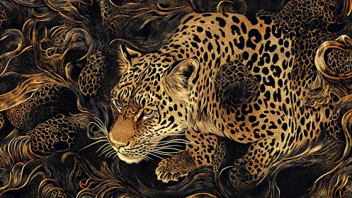 Majestic Leopard in Gold and Black Ornamental Splendor