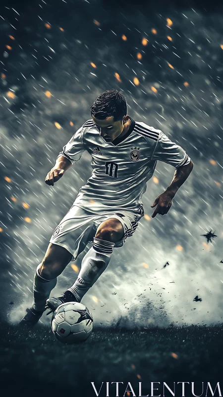 Focused soccer player cutting through stormy match drama.