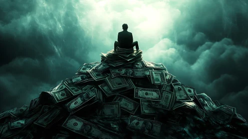 Silhouetted man sits on cash mound under stormy sky