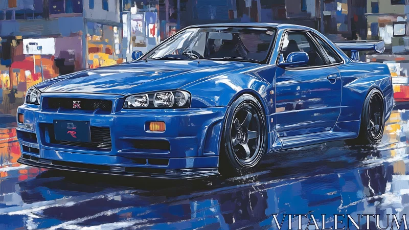 Digital painting of blue street racer in neon wet cityscape.