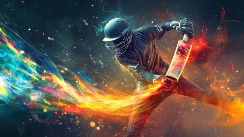 Cricket batter in neon fire swing amid cosmic energy trail.