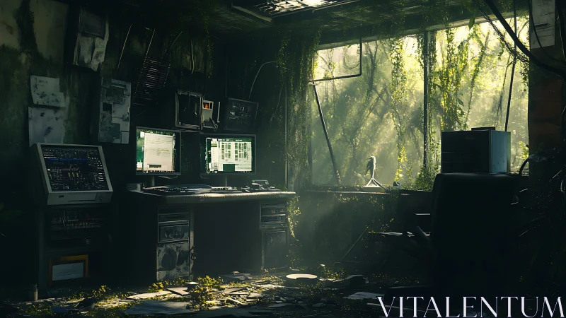 Overgrown abandoned computer workstation in sunlight.