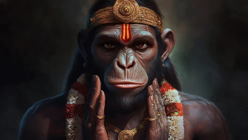 Monkey-faced humanoid figure prays wearing golden crown