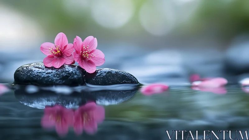 Gentle pink blossoms resting softly on smooth river stones.