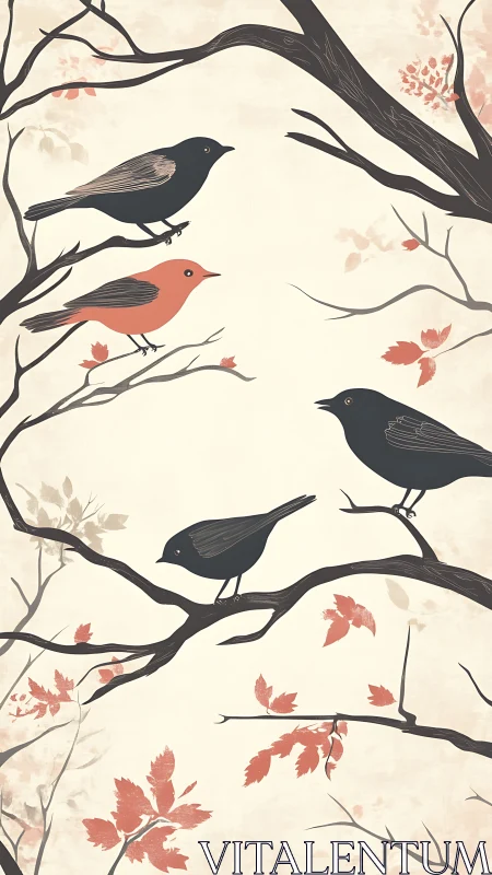 Four Feathered Companions Compose an Autumn Symphony Among Tangled Boughs