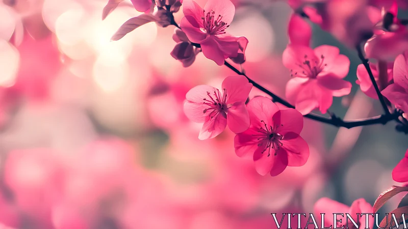 Pink Cherry Blossoms Branch Soft Focus.