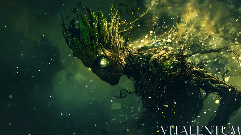 Tree-like humanoid figure composed of roots drifts in space