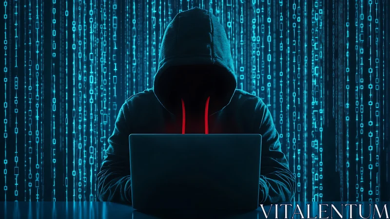 Hooded cyber intruder at laptop with binary code matrix glow