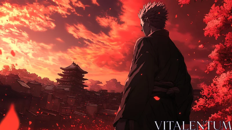 Lone samurai contemplates a burning red sky at sunset