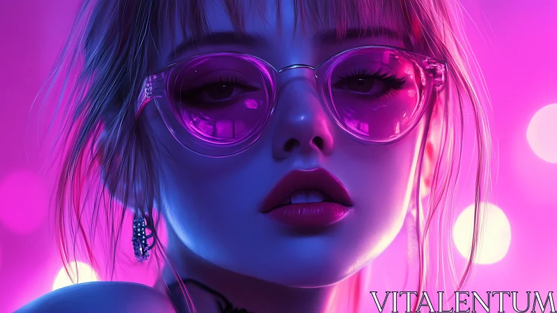 Neon-lit cyber portrait with chromatic glass and soft bokeh.