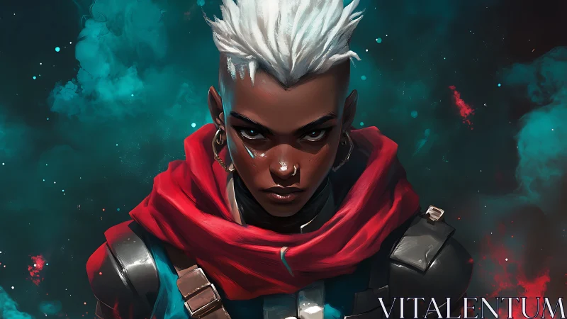 Cybernetic vanguard portrait with red scarf and teal nebula field.