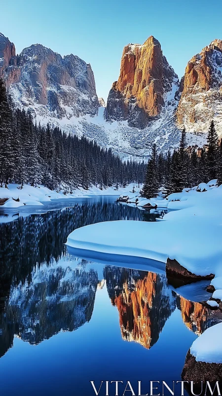 Golden winter peaks reflected in a calm mountain river.