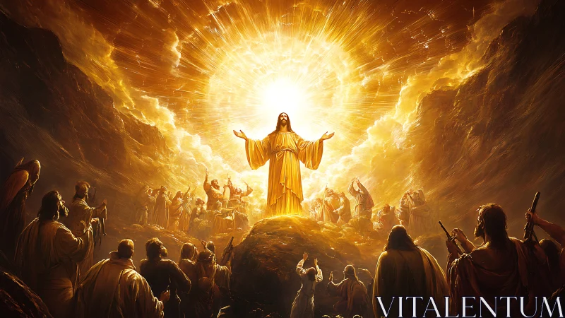 Radiant messianic figure ascends toward blazing celestial light