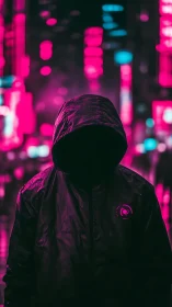 Hooded figure in neon city street at night, face obscured.