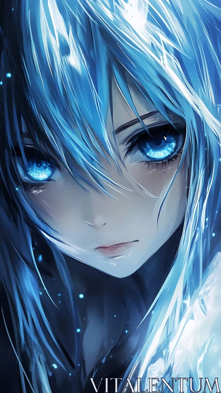 Ice-born gaze of the midnight siren in electric blue storm.