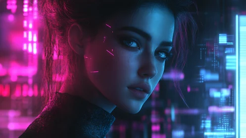 Cyberpunk woman portrait in neon pink and blue light.