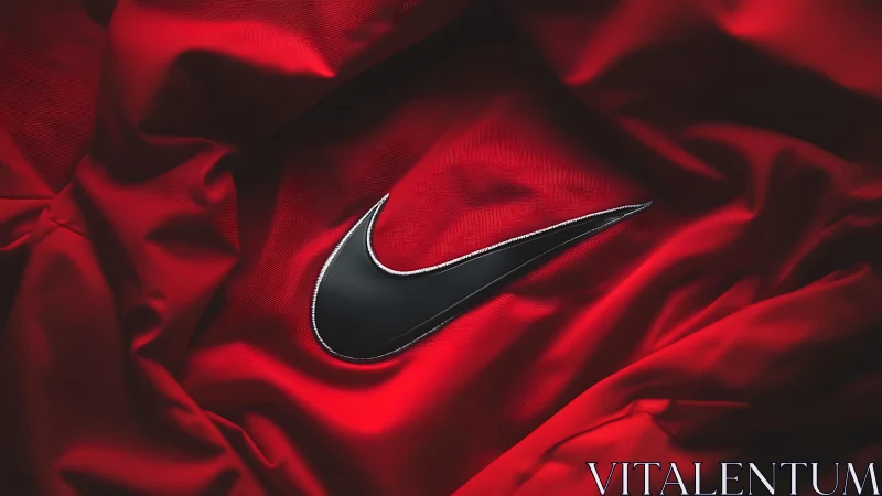 Black sports logo gleams sharply against flowing red fabric