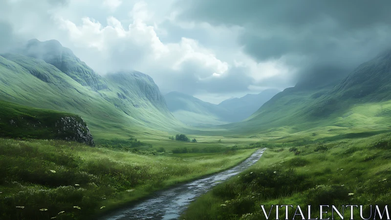 Storm-lit green valley with winding wet country road.