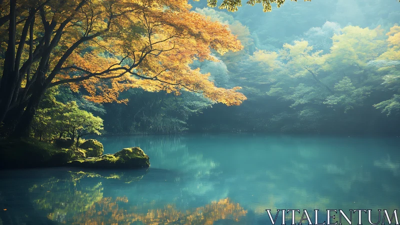 Tree canopy over still turquoise lake is evenly reflected
