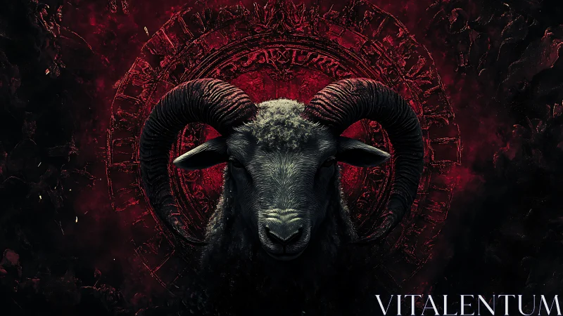 Black ram head dominates occult red sigil background.