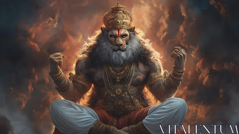 Lion-headed deity quietly commands storm-wreathed cosmos