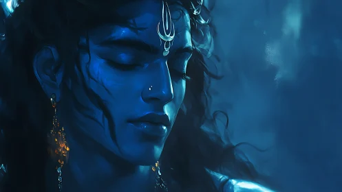 Blue-lit divine portrait with serene closed-eyed profile.