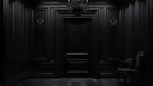 Monochrome neoclassical corridor isolates a central paneled door