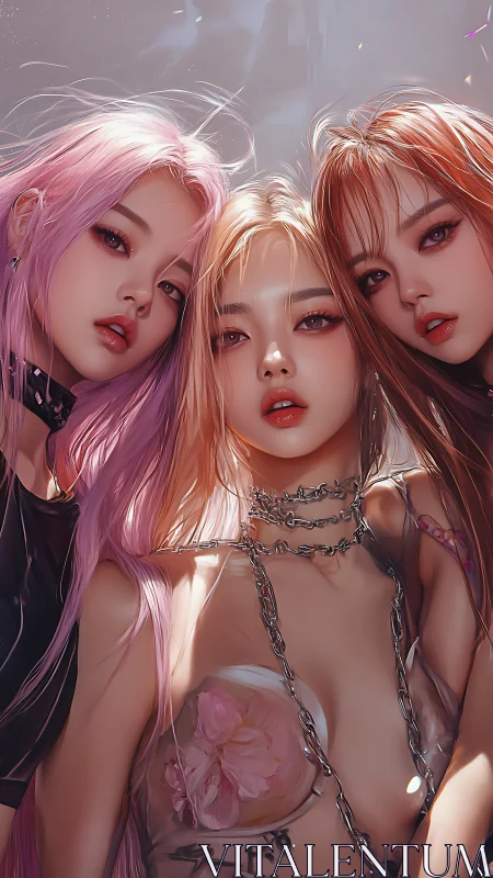 Dreamy trio in soft neon glow and luminous chains.