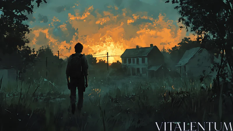 Lone wanderer studies burning horizon beyond ruined farmhouse