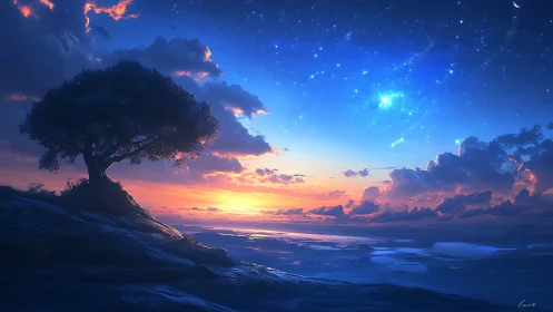 Solitary hilltop tree lingers between starlight and sunrise