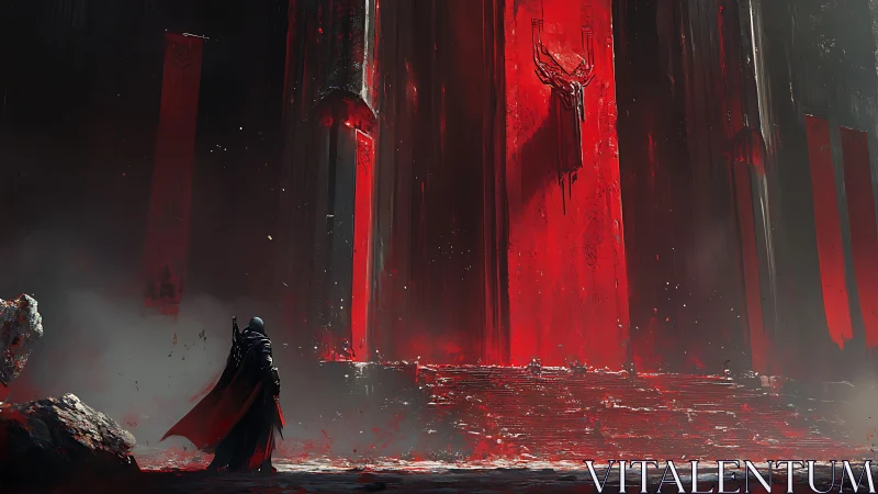 Lone cloaked warrior before monolithic blood-red gate.