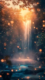 Mystical forest waterfall with glowing light particles.