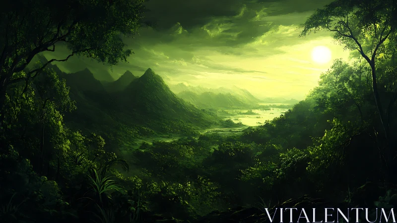 Illuminated valley landscape with forested slopes and distant mountains.