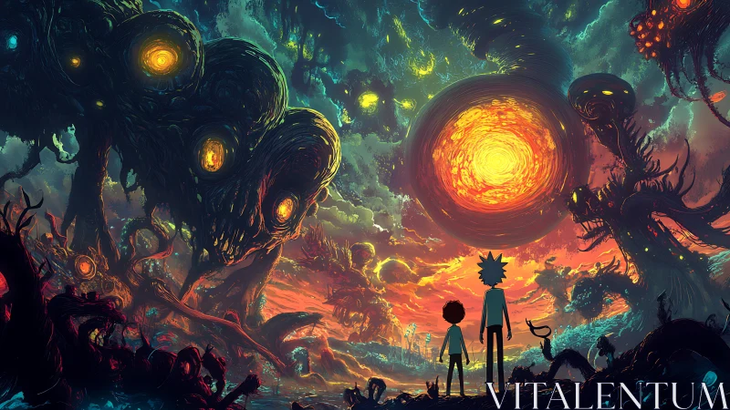 Cosmic travelers gaze into a glowing alien sky of wonders