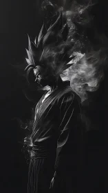 Dark anime warrior in smoke with dramatic side profile.