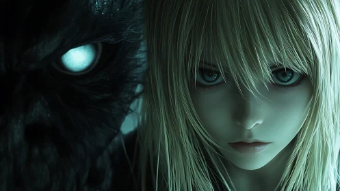 Haunting anime girl confronts lurking monster in icy glow