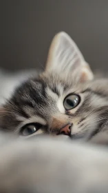 Tabby Cat Portrait with Blue Eyes and Neutral Background.