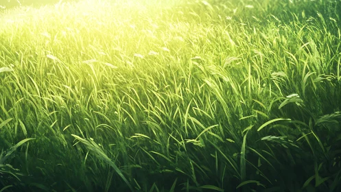 Sunlit green grass field under diffuse overhead illumination.