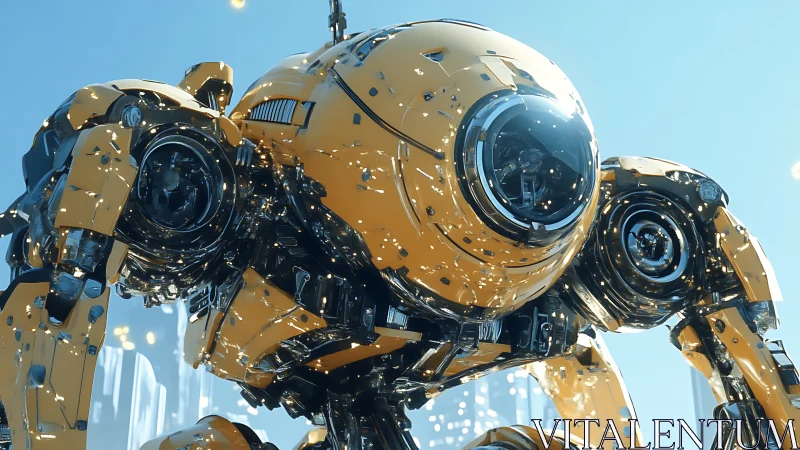 Yellow bipedal robot displays detailed mechanical structure