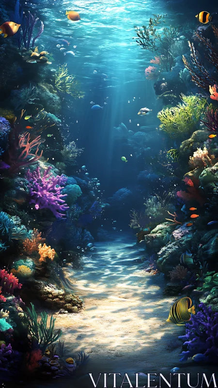 Coral reef corridor shows sunlit sandy seabed and fish