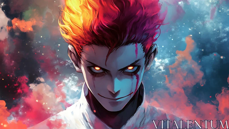 Fiery haired figure with glowing eyes in colored clouds.