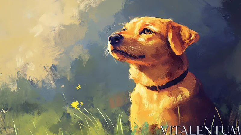 Golden dog gazes upward in warm, painterly afternoon light