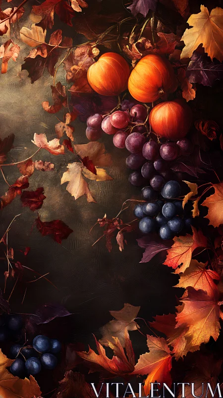 Autumn still life with pumpkins, grapes and scattered leaves.