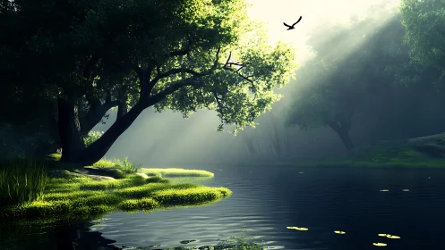 Sunlit forest river bend wrapped in gentle morning mist.